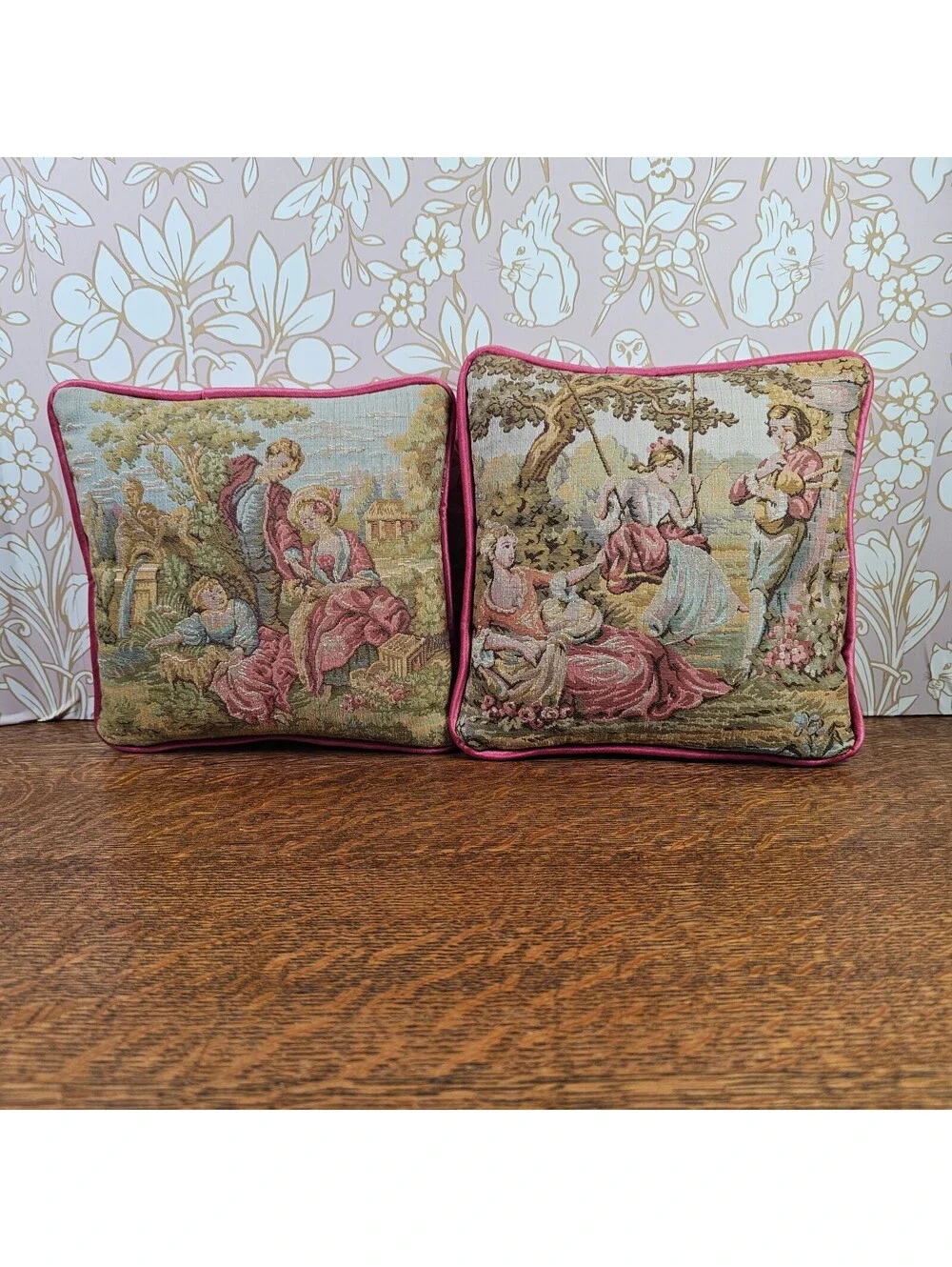 Pair Vintage French Country Tapestry Pillows Pastoral Courting Scenes Pink